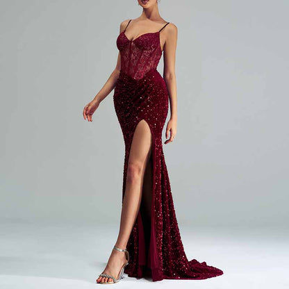 Sequin Spaghetti Strap Prom Dress High Split Wrap Formal Evening Gowns
