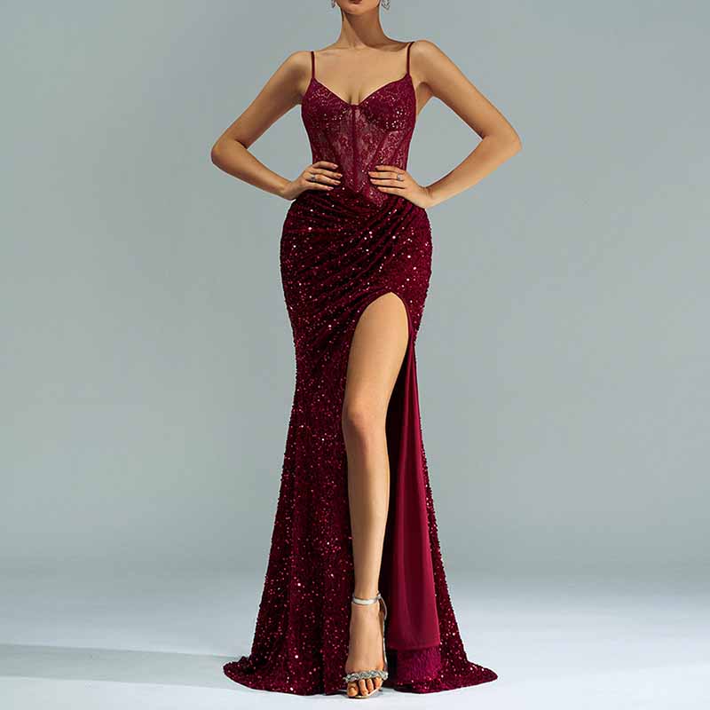 Sequin Spaghetti Strap Prom Dress High Split Wrap Formal Evening Gowns