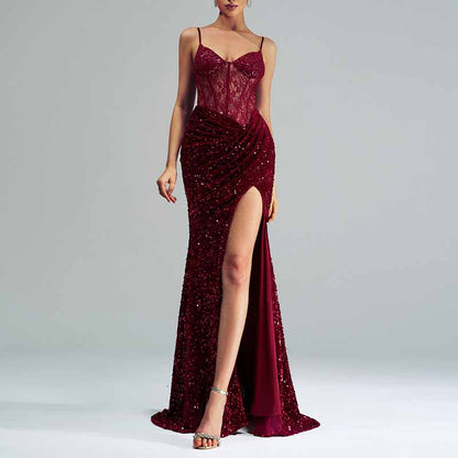 Sequin Spaghetti Strap Prom Dress High Split Wrap Formal Evening Gowns