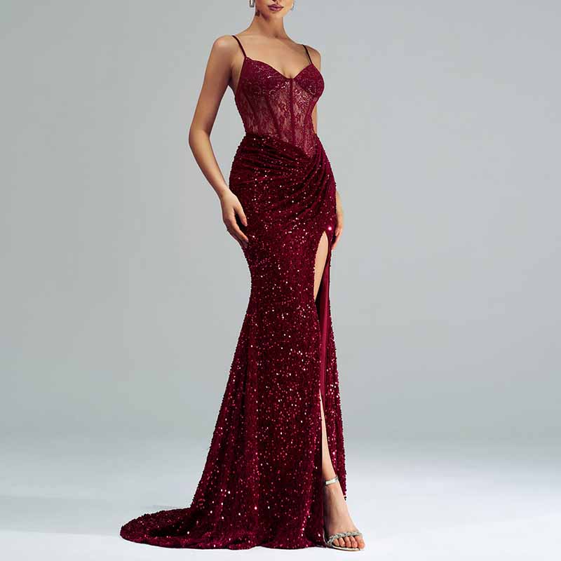 Sequin Spaghetti Strap Prom Dress High Split Wrap Formal Evening Gowns