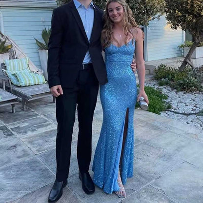 Sequin Mermaid Prom Dress Sparkly Spaghetti Strap Formal Dresses Long Evening Gowns