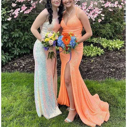 Sequin Mermaid Prom Dress Sparkly Spaghetti Strap Formal Dresses Long Evening Gowns