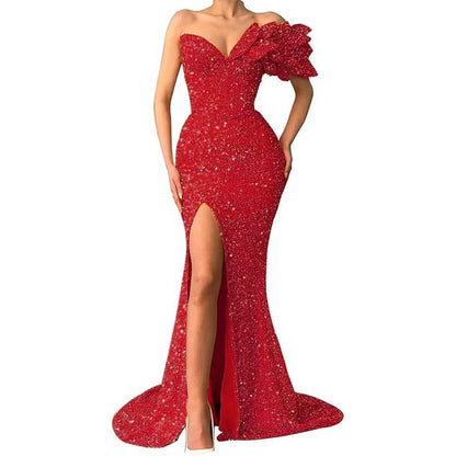 Sequin Wedding Prom Dresses Sparkly One Shoulder Mermaid Evening Gonws