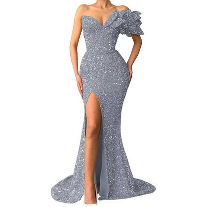 Sequin Wedding Prom Dresses Sparkly One Shoulder Mermaid Evening Gonws