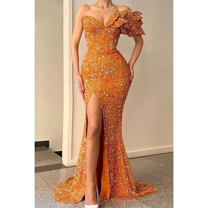 Sequin Wedding Prom Dresses Sparkly One Shoulder Mermaid Evening Gonws