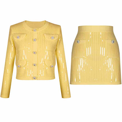 Sequin Knit Cardigan Crop Top + Skirt Suit