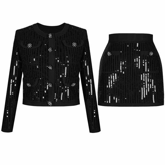 Sequin Knit Cardigan Crop Top + Skirt Suit
