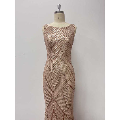 Plus Size Sequin Mermaid Prom Dress Gold Round-Neck A-Line Event Dress