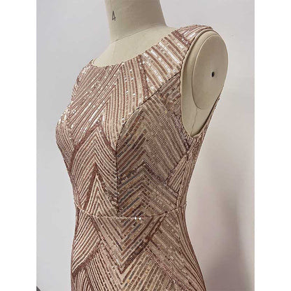 Plus Size Sequin Mermaid Prom Dress Gold Round-Neck A-Line Event Dress