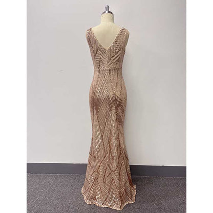 Plus Size Sequin Mermaid Prom Dress Gold Round-Neck A-Line Event Dress