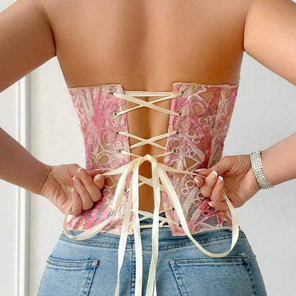 SD Dresscode Lace-Up Crop Top in Pink with Back Ribbon Ties and Stylish Design