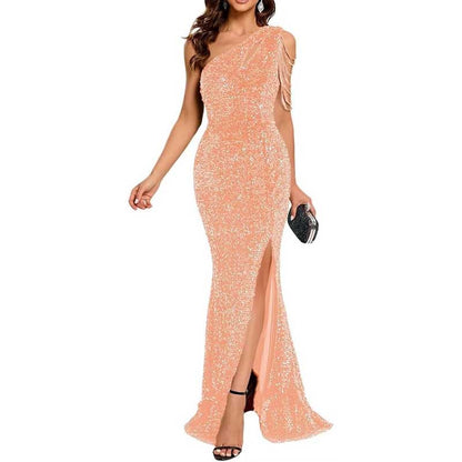 Sexy One Shoulder Sequin Prom Gown – High Slit, Custom Tailored & Bodycon Fit