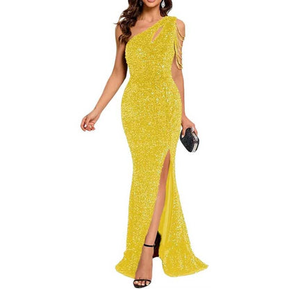 Sexy One Shoulder Sequin Prom Gown – High Slit, Custom Tailored & Bodycon Fit