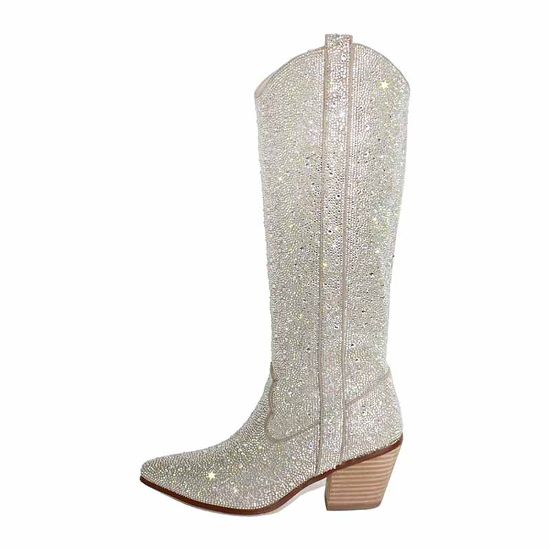 Shiny Rhinestone Western Cowboy Knee High Boots Sparkly Chunky Block Heel Boots