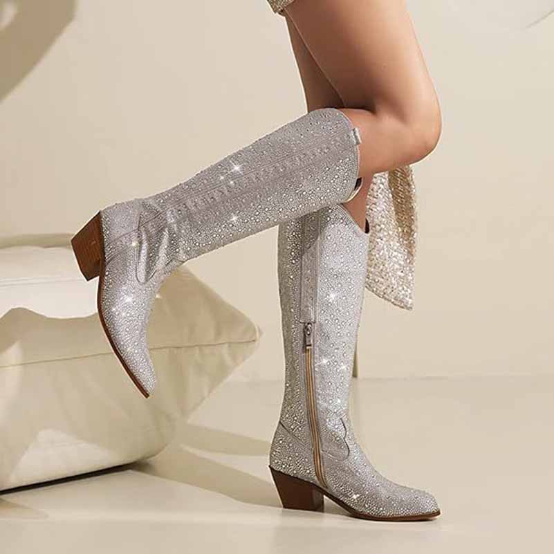 Shiny Rhinestone Western Cowboy Knee High Boots Sparkly Chunky Block Heel Boots