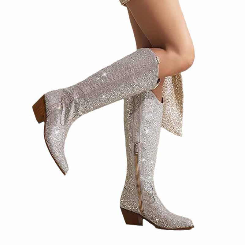 Shiny Rhinestone Western Cowboy Knee High Boots Sparkly Chunky Block Heel Boots