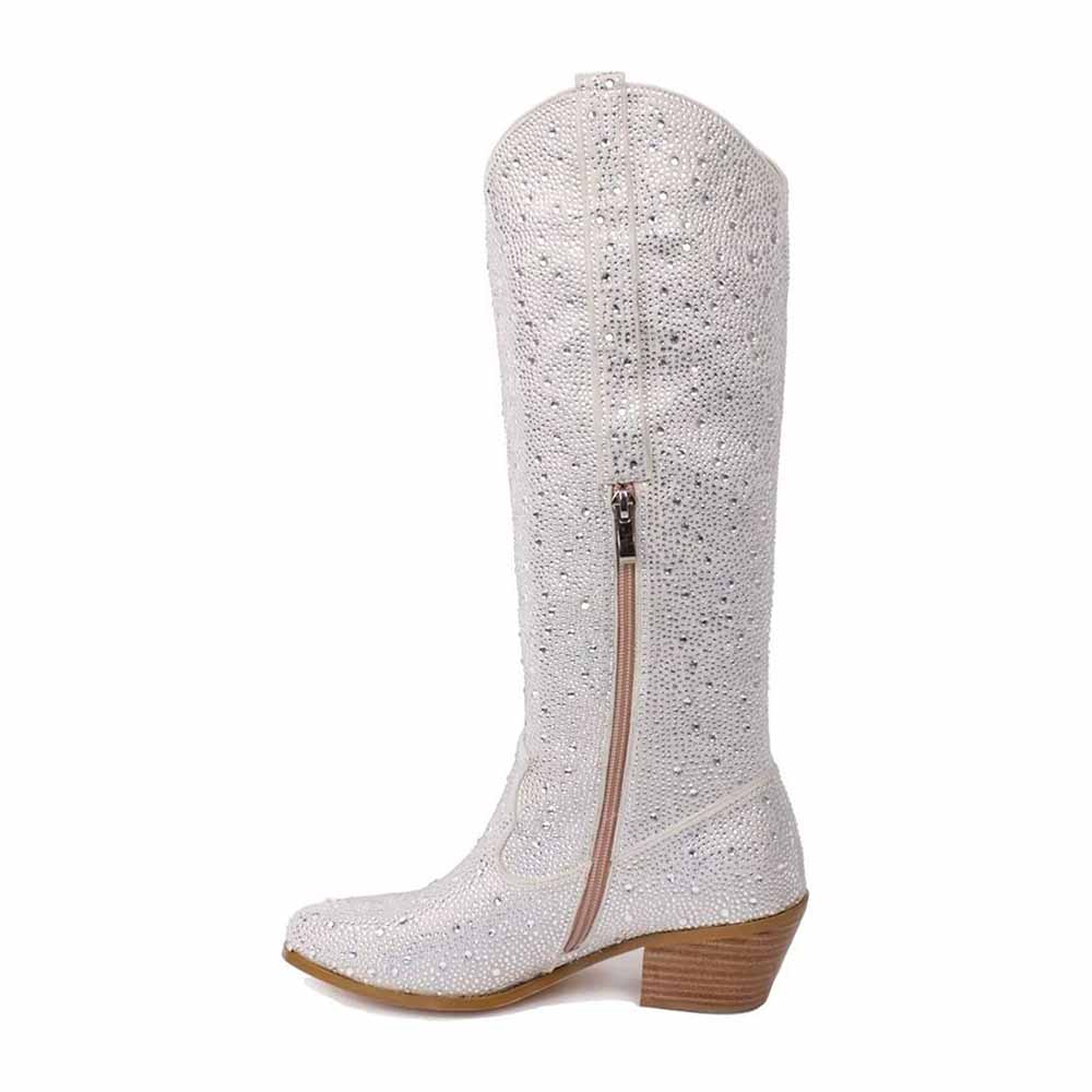 Shiny Rhinestone Western Cowboy Knee High Boots Sparkly Chunky Block Heel Boots