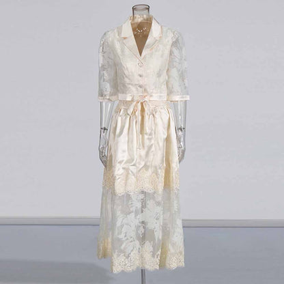 Shirt Collar Two Piece Midi Skirt Suit With Half-Sleeves