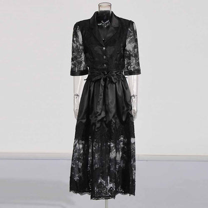 Shirt Collar Two Piece Midi Skirt Suit With Half-Sleeves