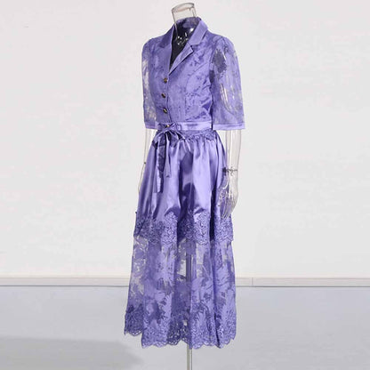 Shirt Collar Two Piece Midi Skirt Suit With Half-Sleeves