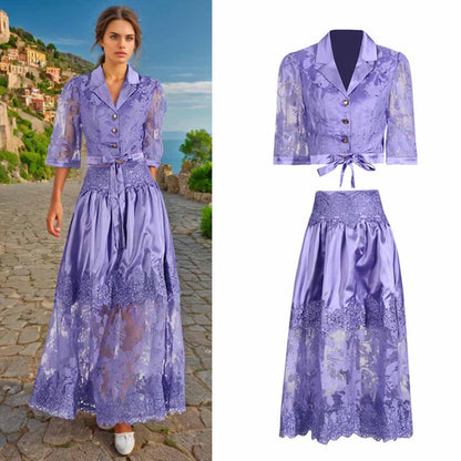 Shirt Collar Two Piece Midi Skirt Suit With Half-Sleeves