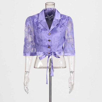 Shirt Collar Two Piece Midi Skirt Suit With Half-Sleeves