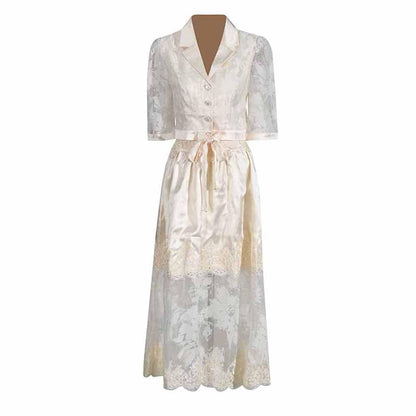 Shirt Collar Two Piece Midi Skirt Suit With Half-Sleeves