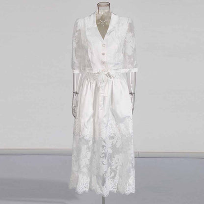 Shirt Collar Two Piece Midi Skirt Suit With Half-Sleeves