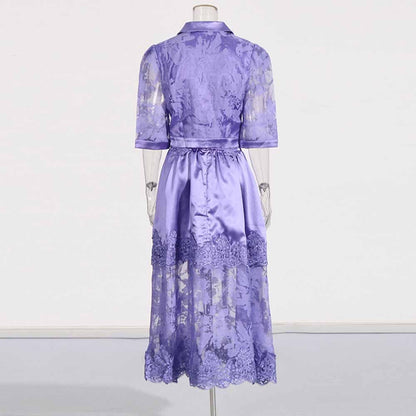 Shirt Collar Two Piece Midi Skirt Suit With Half-Sleeves