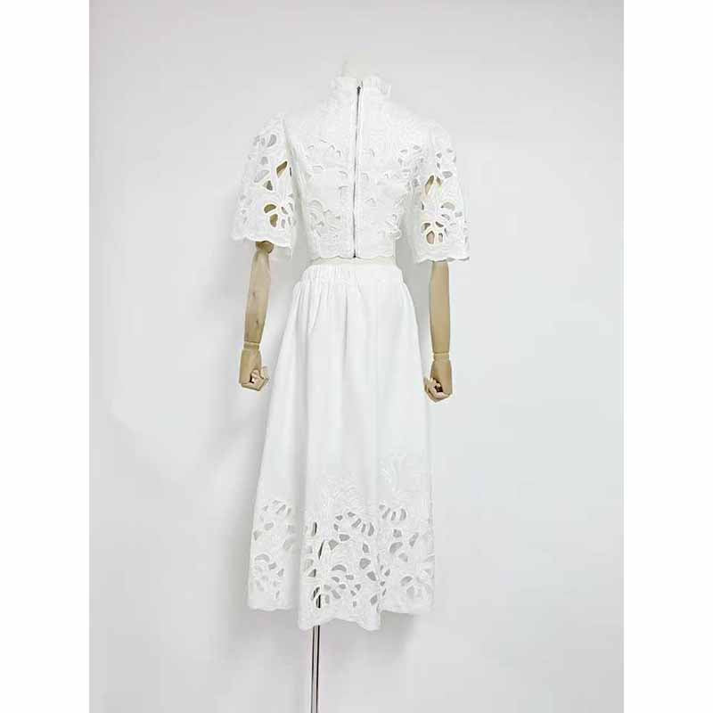 Short Sleeve Embroidered Two Piece Midi Skirt Suit