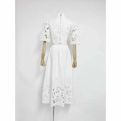 Short Sleeve Embroidered Two Piece Midi Skirt Suit
