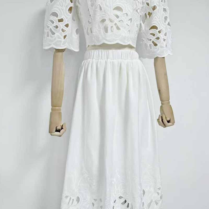 Short Sleeve Embroidered Two Piece Midi Skirt Suit