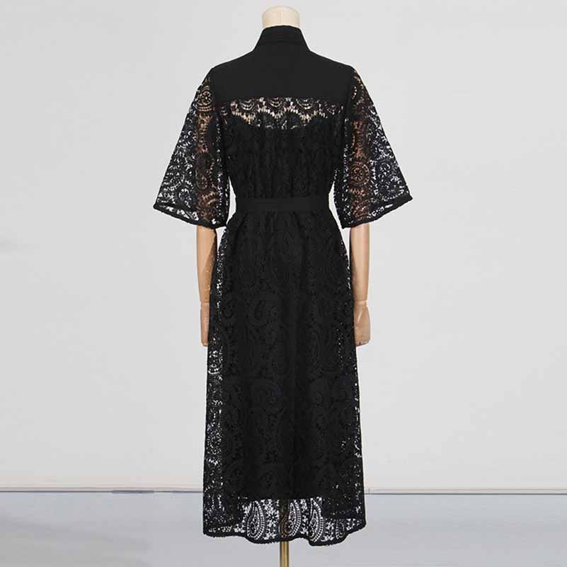 Short Sleeve Hollow Out Lace Midi Dress With Belt