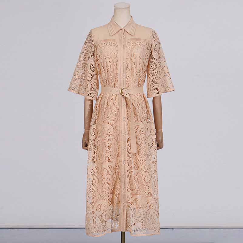 Short Sleeve Hollow Out Lace Midi Dress With Belt