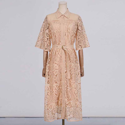 Short Sleeve Hollow Out Lace Midi Dress With Belt