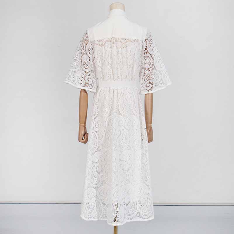 Short Sleeve Hollow Out Lace Midi Dress With Belt