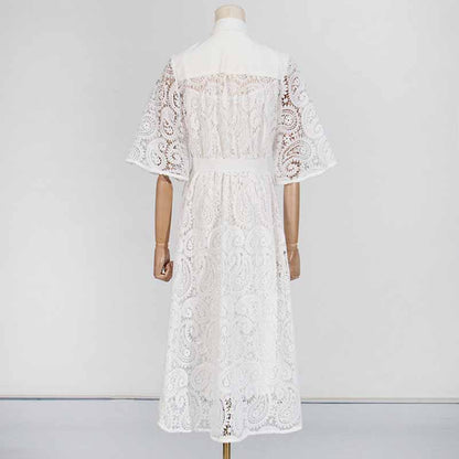 Short Sleeve Hollow Out Lace Midi Dress With Belt