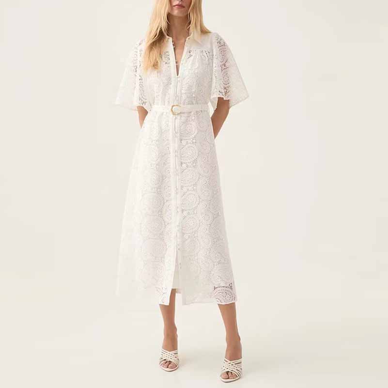 Short Sleeve Hollow Out Lace Midi Dress With Belt