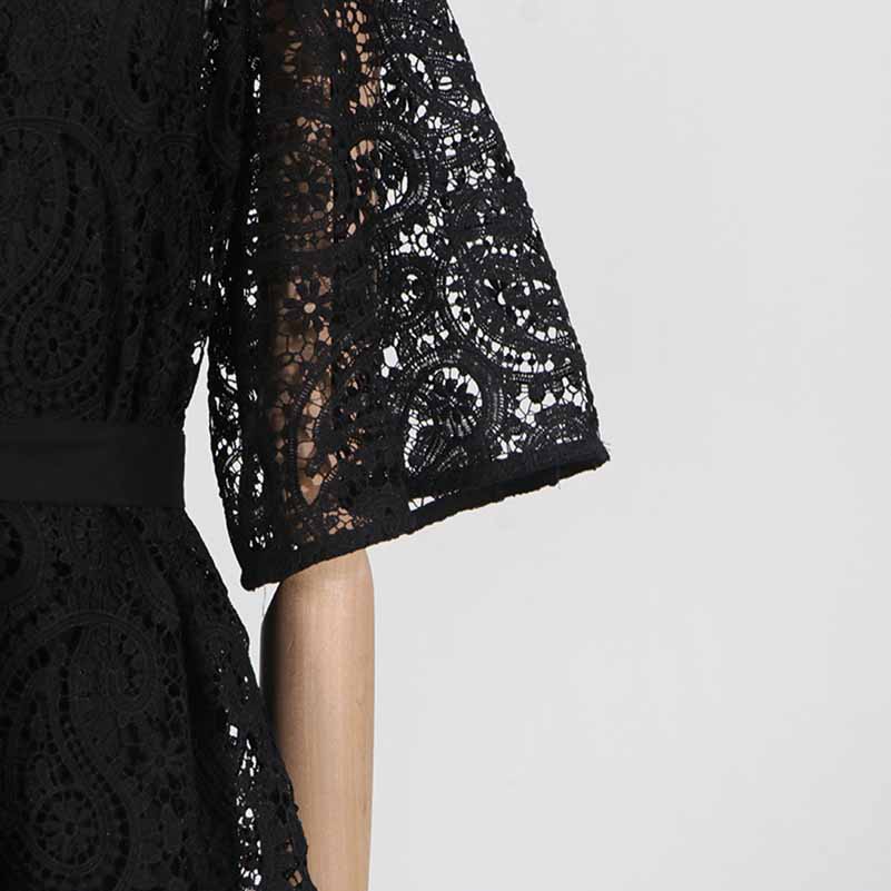 Short Sleeve Hollow Out Lace Midi Dress With Belt