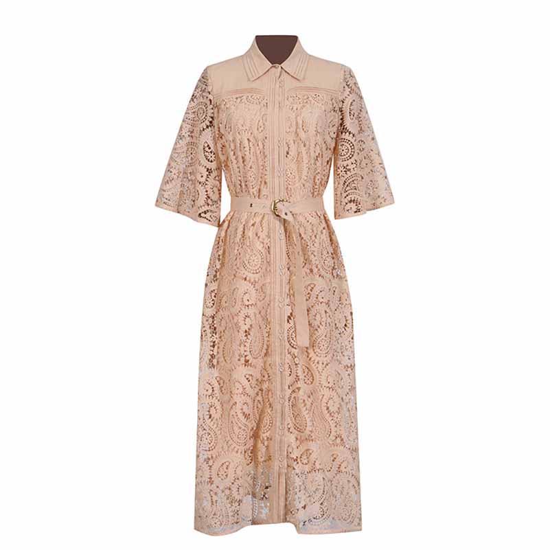 Short Sleeve Hollow Out Lace Midi Dress With Belt