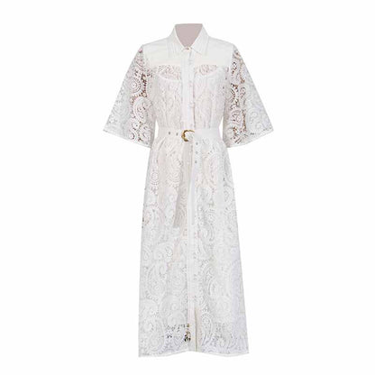 Short Sleeve Hollow Out Lace Midi Dress With Belt