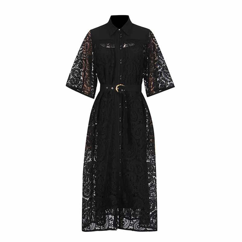 Short Sleeve Hollow Out Lace Midi Dress With Belt