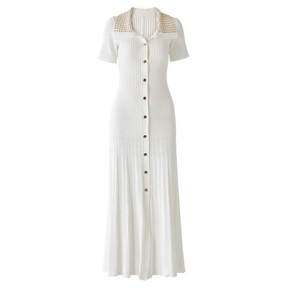 Short Sleeves Knitted Midi Dress Beaded Collar Body-Con Long Dress