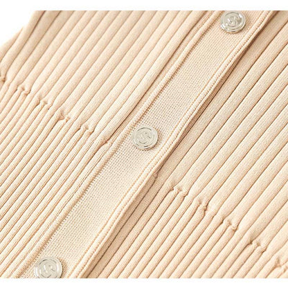 Short Sleeves Knitted Midi Dress Beaded Collar Body-Con Long Dress