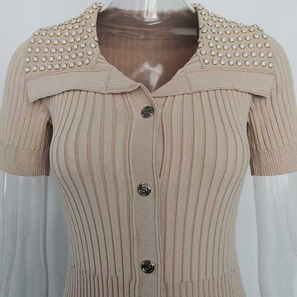 Short Sleeves Knitted Midi Dress Beaded Collar Body-Con Long Dress