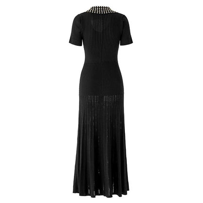 Short Sleeves Knitted Midi Dress Beaded Collar Body-Con Long Dress