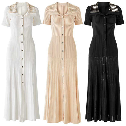 Short Sleeves Knitted Midi Dress Beaded Collar Body-Con Long Dress