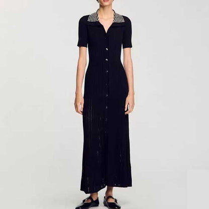 Short Sleeves Knitted Midi Dress Beaded Collar Body-Con Long Dress