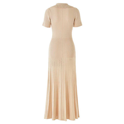 Short Sleeves Knitted Midi Dress Beaded Collar Body-Con Long Dress