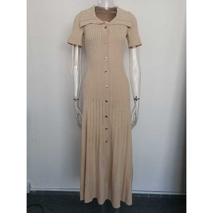 Short Sleeves Knitted Midi Dress Beaded Collar Body-Con Long Dress